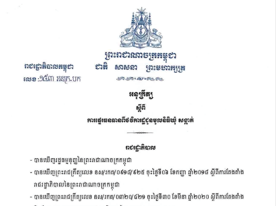 អនុក្រឹត្យលេខៈ ១៥៣ អនក្រ.បក ស្ដីពីការផ្ទេរធនធានពីថវិការដ្ឋជូនមូលនិធិឃុំ សង្កាត់